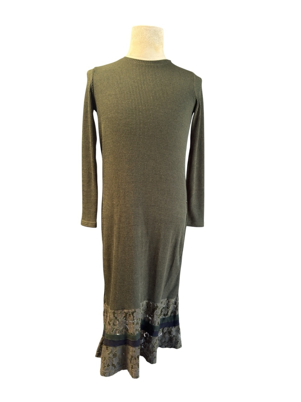 Kori Olive Ribbed Long-Sleeve below the knee Dress with Lace Hem